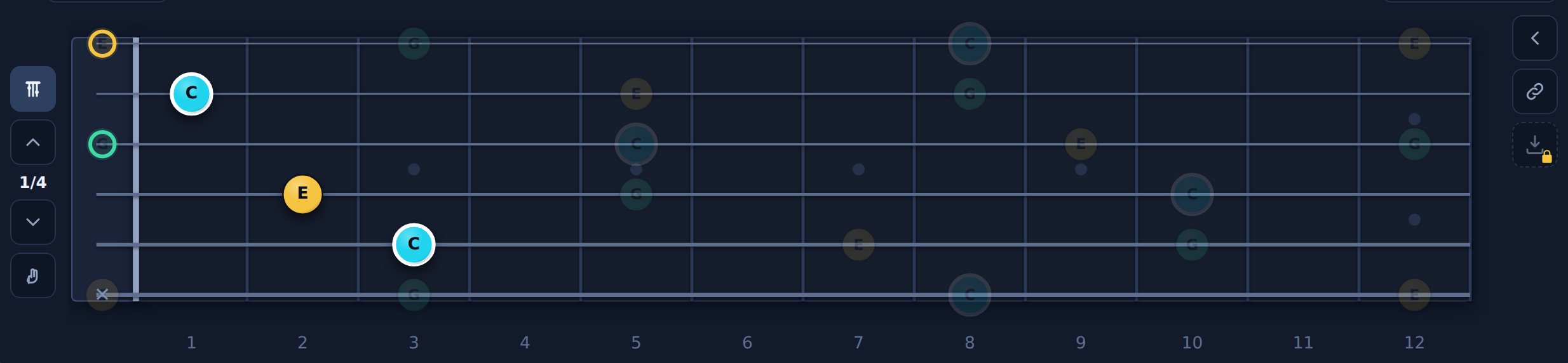 The fretboard showing a chord voicing