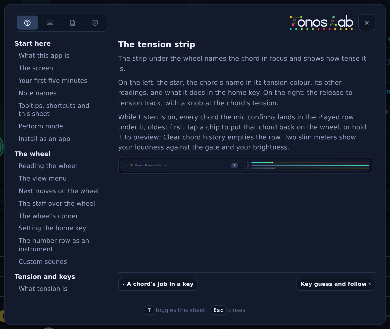 The help sheet: the topic index beside an article