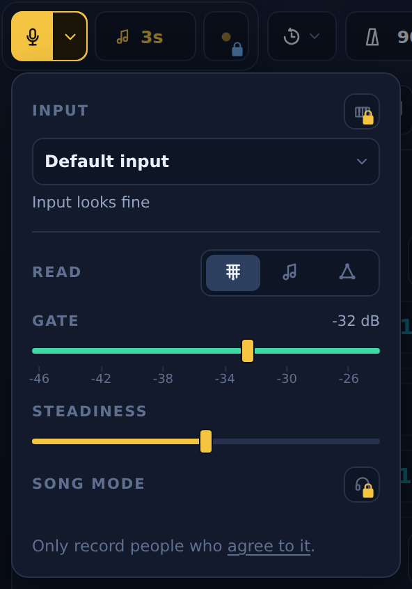 The input popover with its sources and gate