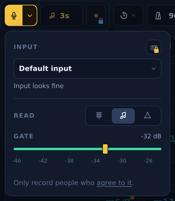 The input popover reading notes