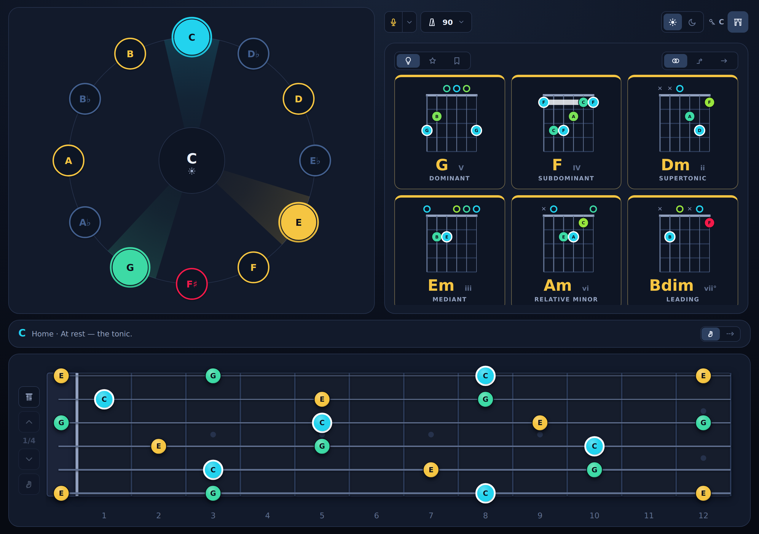 Perform mode: large chord tiles for the next moves