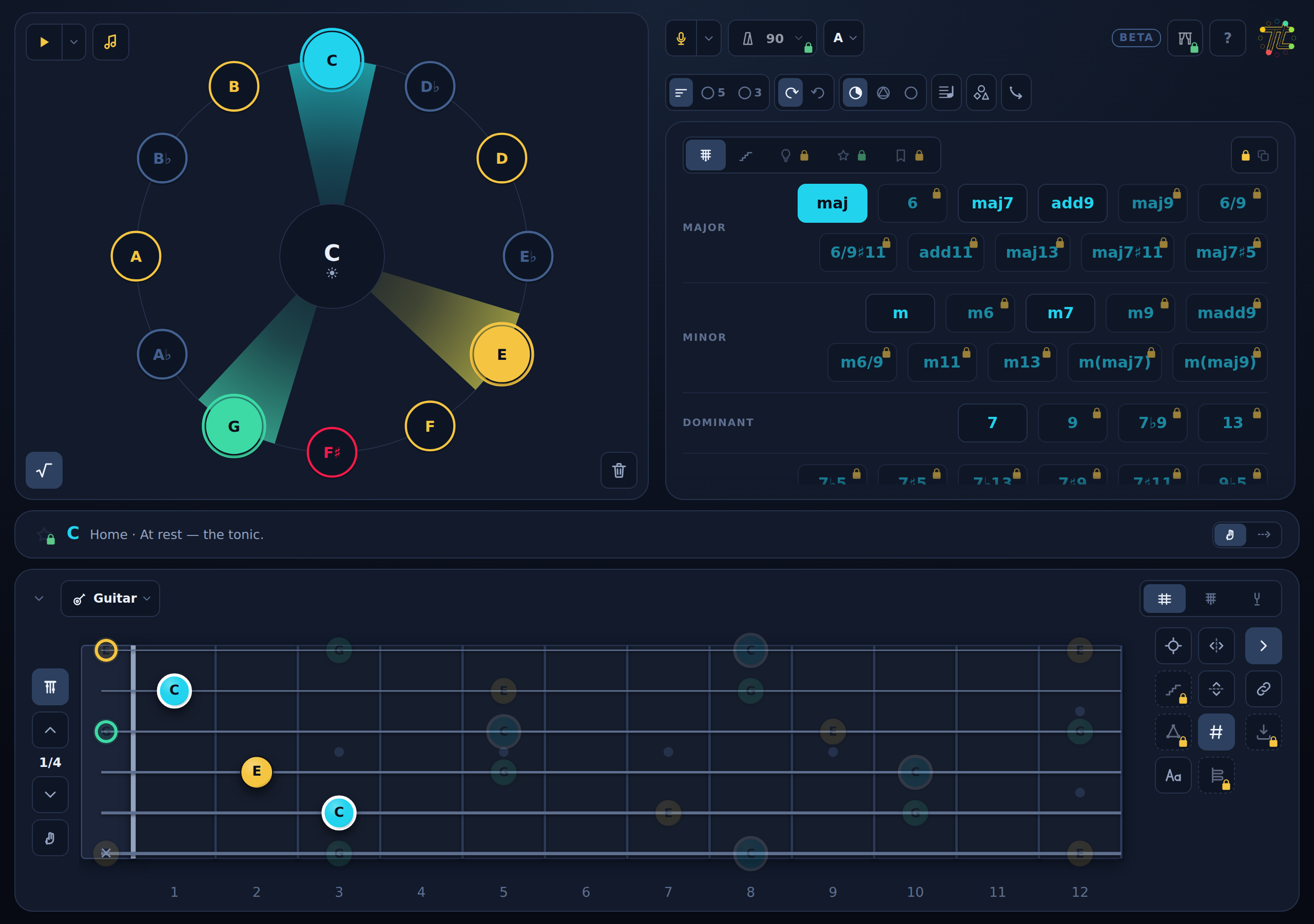 The whole screen: the wheel, the tension strip, the palette and the instrument